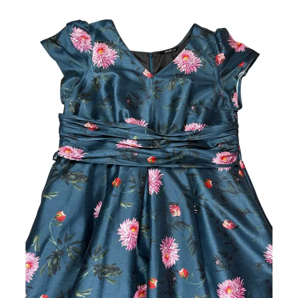 eShakti Fit & Flare Floral Taffeta V-neck Maxi Dress Women's Plus 3X Blue Pink - Picture 2 of 9
